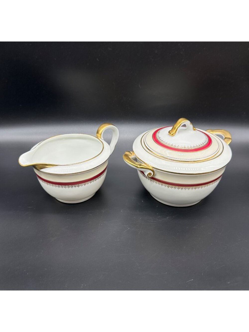 Vintage Limoges France Creamer Sugar Bowl Gold Trim Accent Elegant Serve Ware